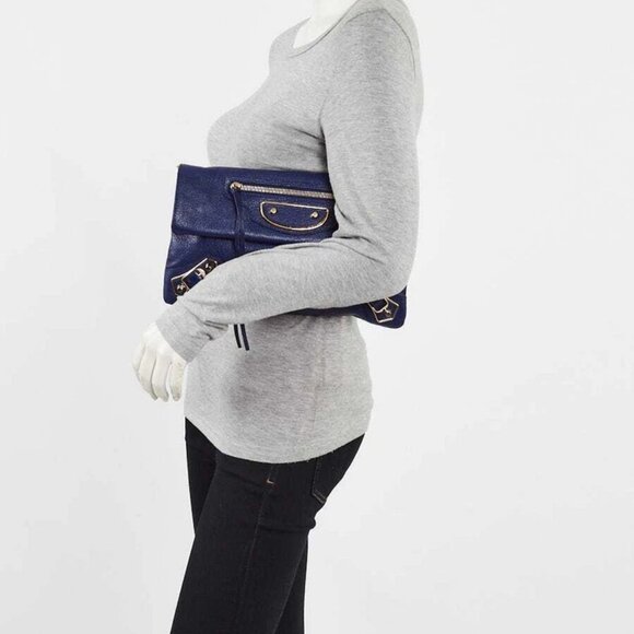 Balenciaga Blue Cobalt Chevre Leather Metallic Edge Envelope Clutch Bag - Picture 2 of 12